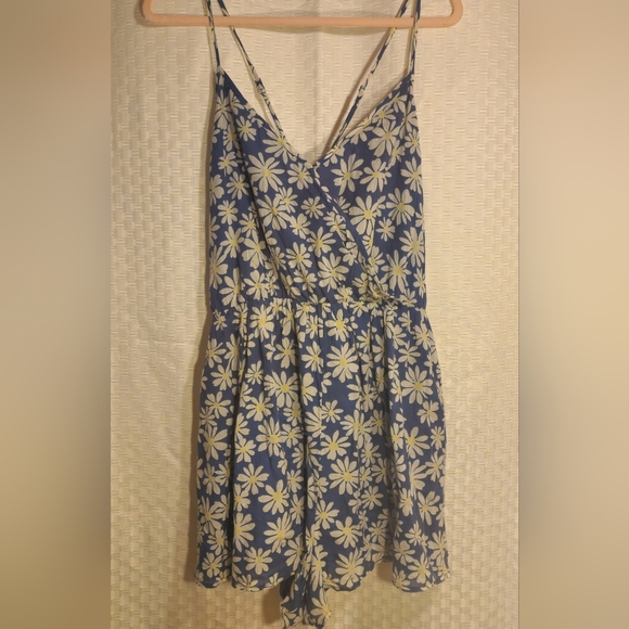 American Girl Pants - Women's Blue Daisy Romper Lace Up Back Soft Cotton Stretchy